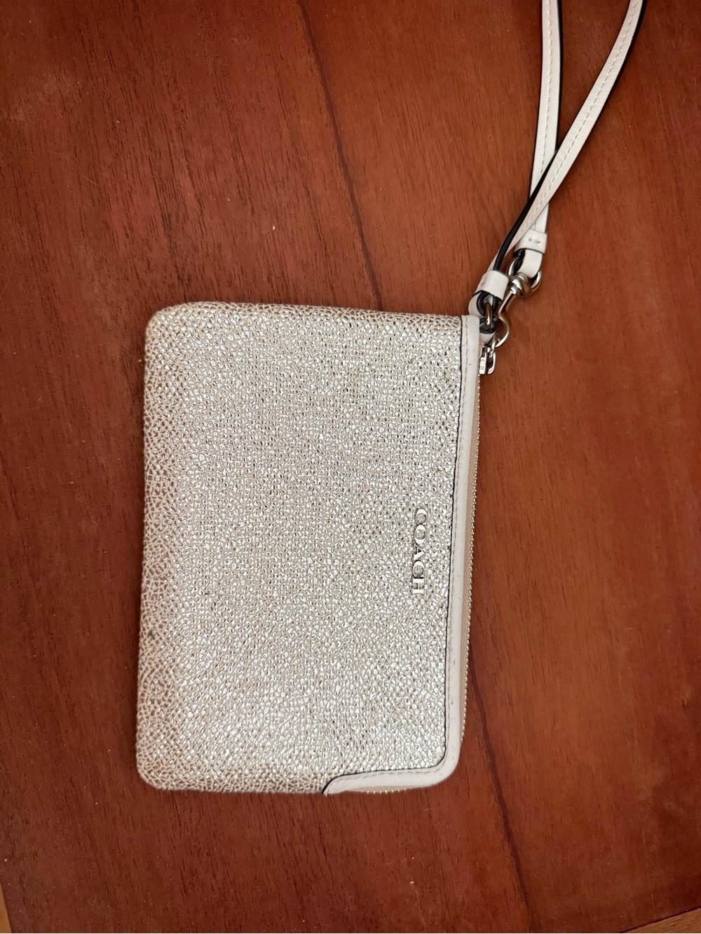 Coach Silver Glitter Zip Wristlet with Leather Strap